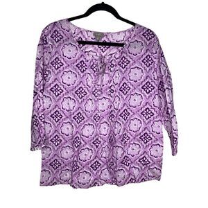 J. Jill Blouse Size M Women's 100% Cotton Long Sleeve Floral Tie Front Blouse